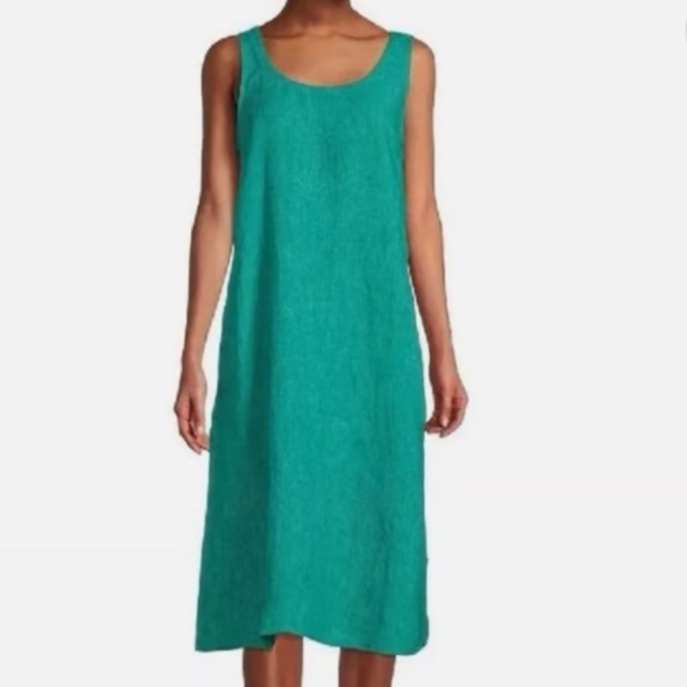 Eileen Fisher Deep Aqua Washed Organic Linen Delave Scoop Neck Dress size L